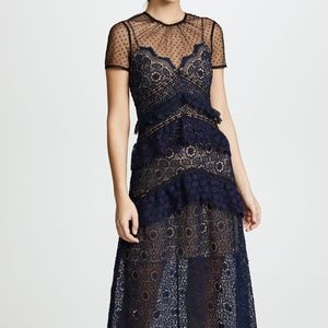 SELF PORTRAIT Lace Paneled Maxi Navy Blue Dress
